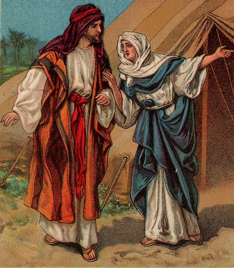 Rebekah and Jacob; illustration from a Bible card published 1906 by the Providence Lithograph Company