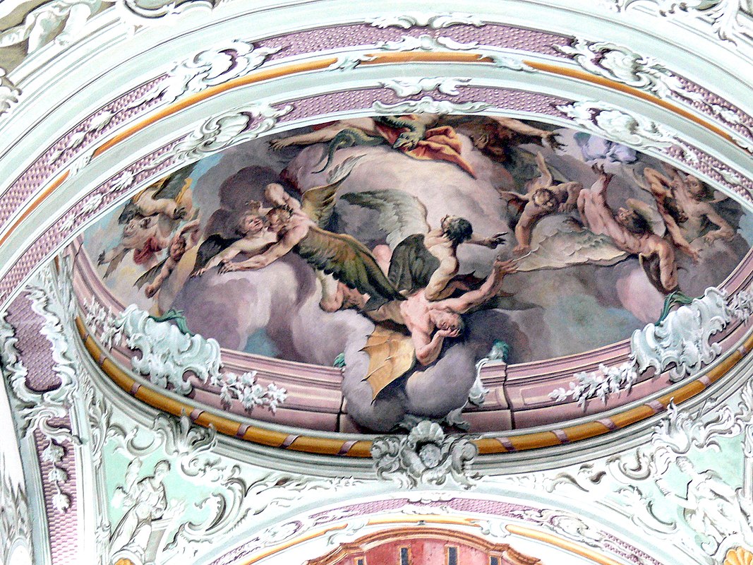 Innichen (South Tyrol), Saint Michael Parish Church: Frescos depicting the fall of the rebelling angels by Christoph Anton Mayr (1760)
