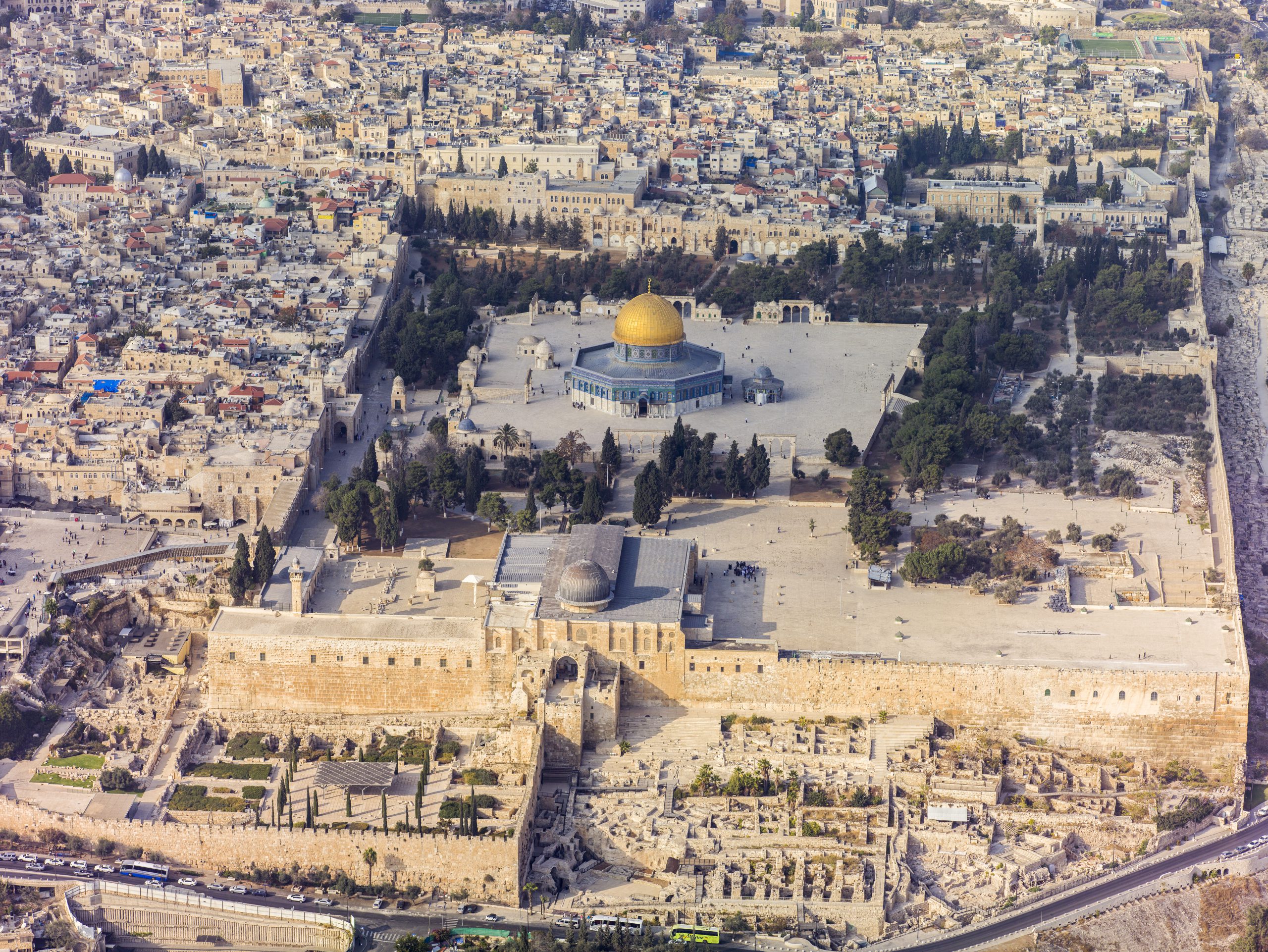 Jerusalem. Aerial view of the Temple Mount and the Muslim shrine the Dome of the Rock. 