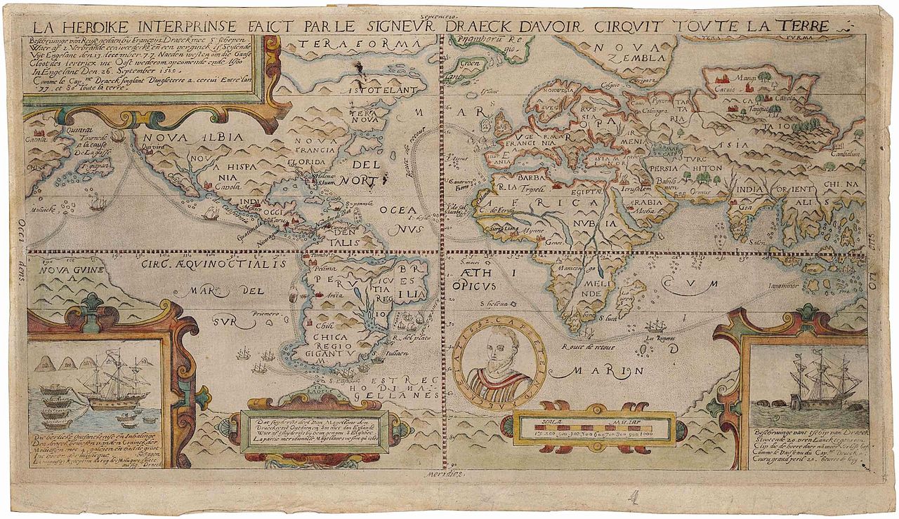 The world map showing the route of Sir Francis Drake's circumnavigation of the globe (1577-1580)..
