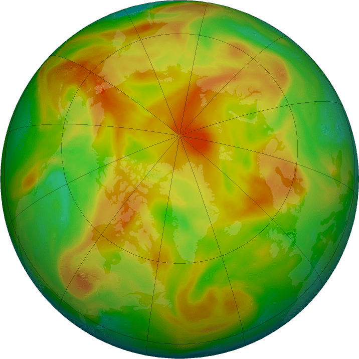 Ozone over the Arctic pole on 30 April 2023. The yellows and reds are where there is more ozone.